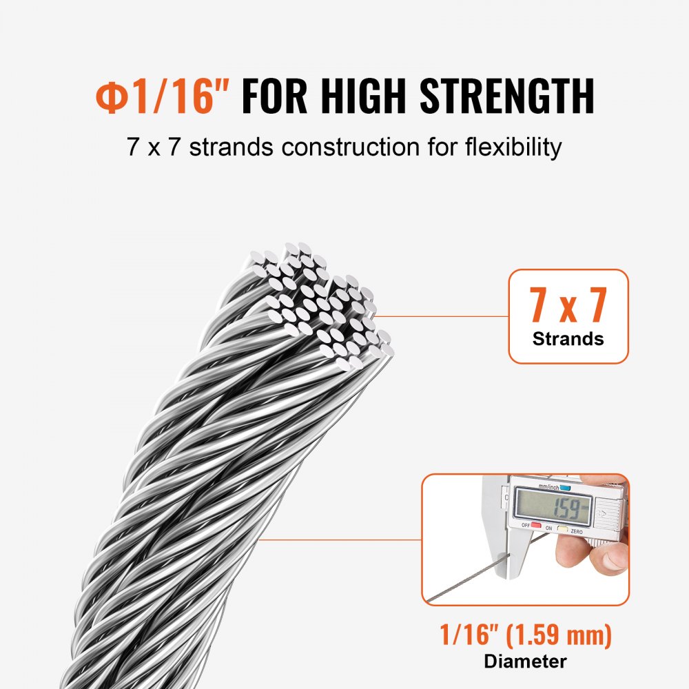 VEVOR Wire Rope Kit, 1/16" 330 ft 304 Stainless Steel Cable with 80 Sleeves and 20 Thimbles, 450 lbs Breaking Strength, 7x7 Strands Marine Aircraft Grade for Handrail Stair Decking Fence Outdoors