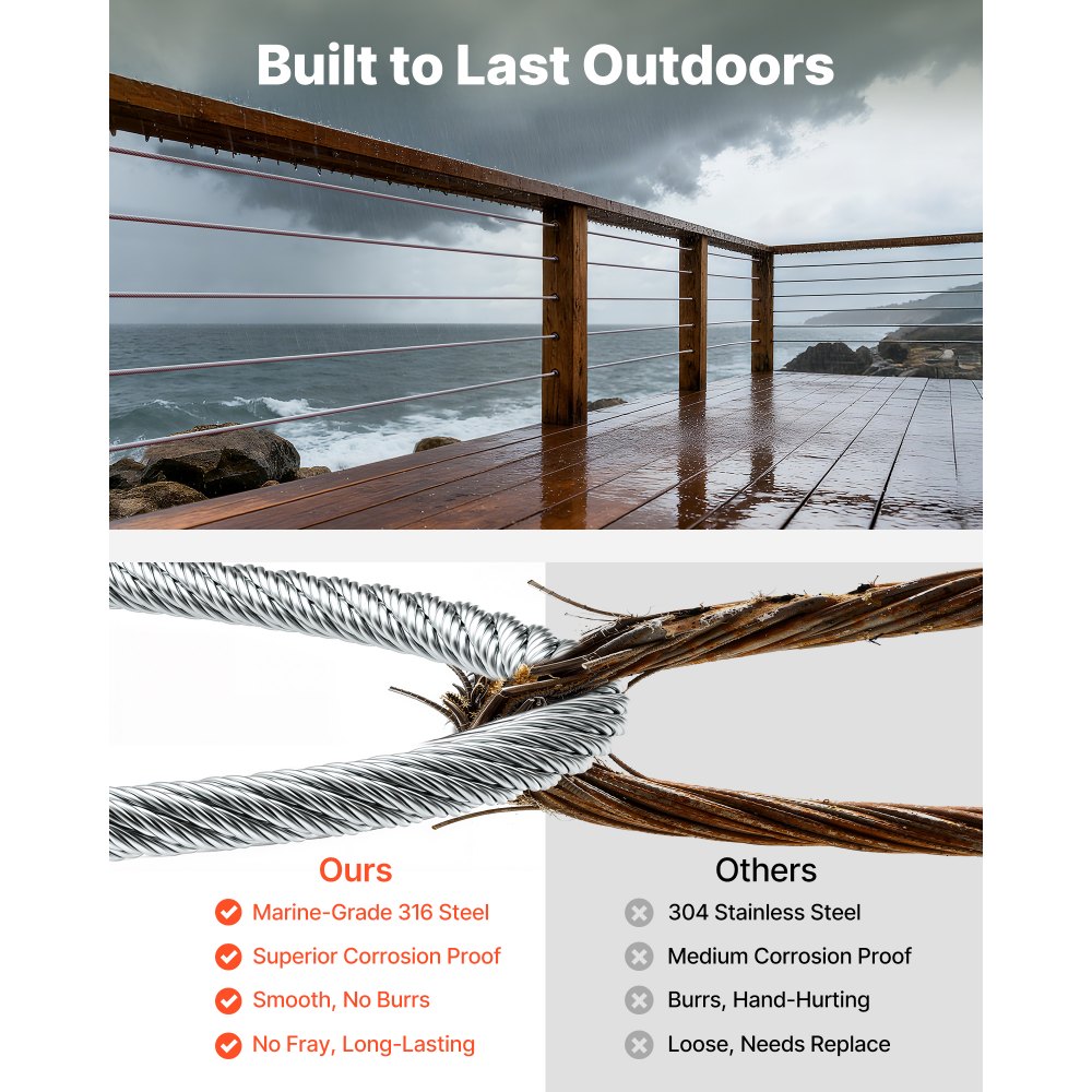 VEVOR 3.2 mm Wire Rope Kit, 12.2 m Length, 316 Stainless Steel Wire Cable, 7.1 kN Breaking Strength, 7 x 7 Strands Construction, Steel Cable for Deck Railing System, Garden Trellis, String Lights