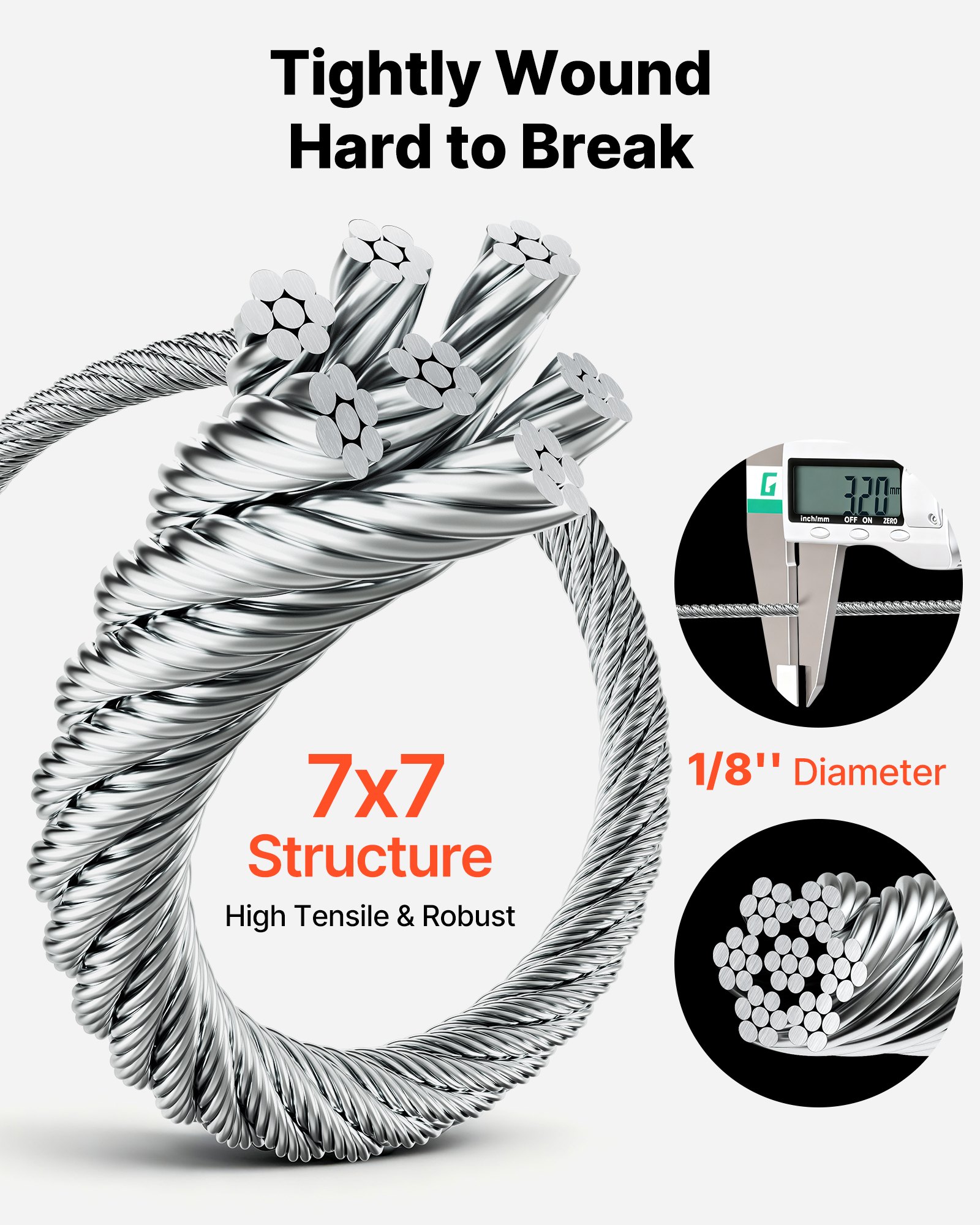 VEVOR 3.2 mm Wire Rope Kit, 12.2 m Length, 316 Stainless Steel Wire Cable, 7.1 kN Breaking Strength, 7 x 7 Strands Construction, Steel Cable for Deck Railing System, Garden Trellis, String Lights