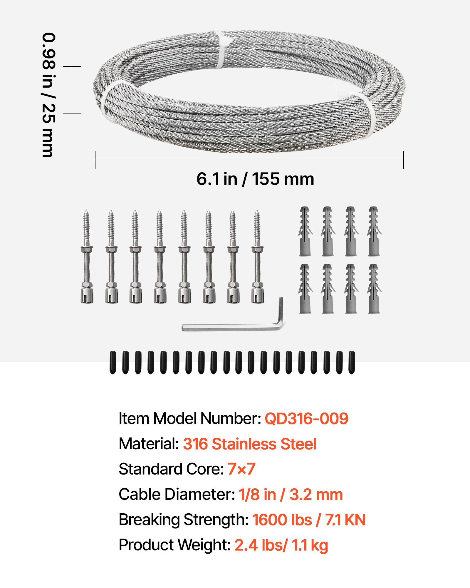 VEVOR 3.2 mm Wire Rope Kit, 12.2 m Length, 316 Stainless Steel Wire Cable, 7.1 kN Breaking Strength, 7 x 7 Strands Construction, Steel Cable for Deck Railing System, Garden Trellis, String Lights