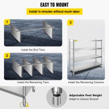 VEVOR 4-tier stainless steel shelf, 180 x 45 x 150 cm storage shelf, robust storage shelf, kitchen shelves garage shelf 600 kg total capacity with adjustable height
