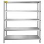 VEVOR opbergplank met vier zilverkleurige metalen lagen en stevig frame.