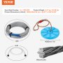 VEVOR zipline kit-onderdelen, waaronder een 120ft stalen kabel, een blauwe schijfzitting, een 6,4ft veer en kabeldetails.
