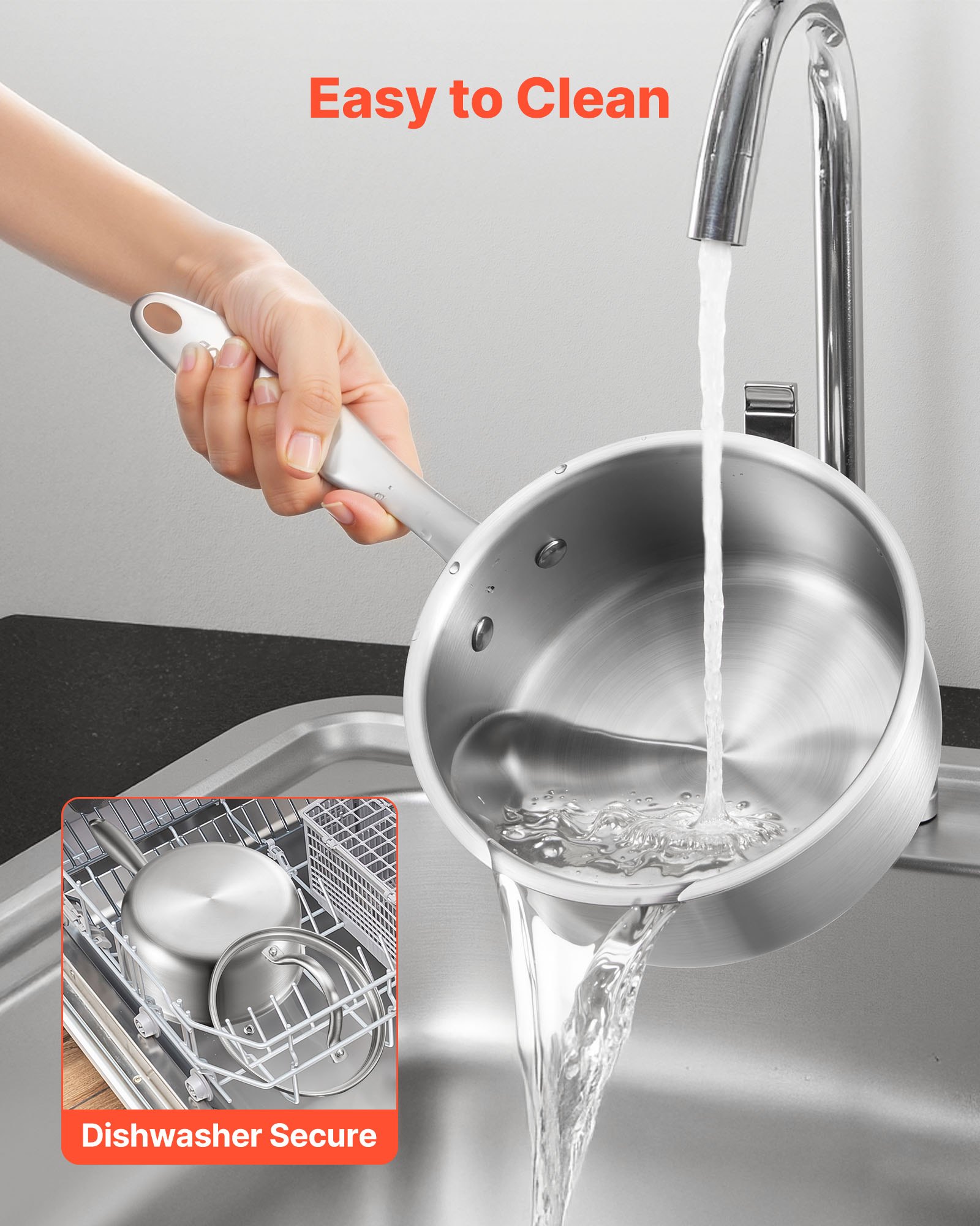 VEVOR Kookpot Braadpan Steelpan 1,42 L met Glazen Deksel, Soeppan Groentepan met Ergonomische Handgreep, Melkpan van Roestvrij Staal Groentepan, Zilveren Vaatwasserbestendige Sauspan