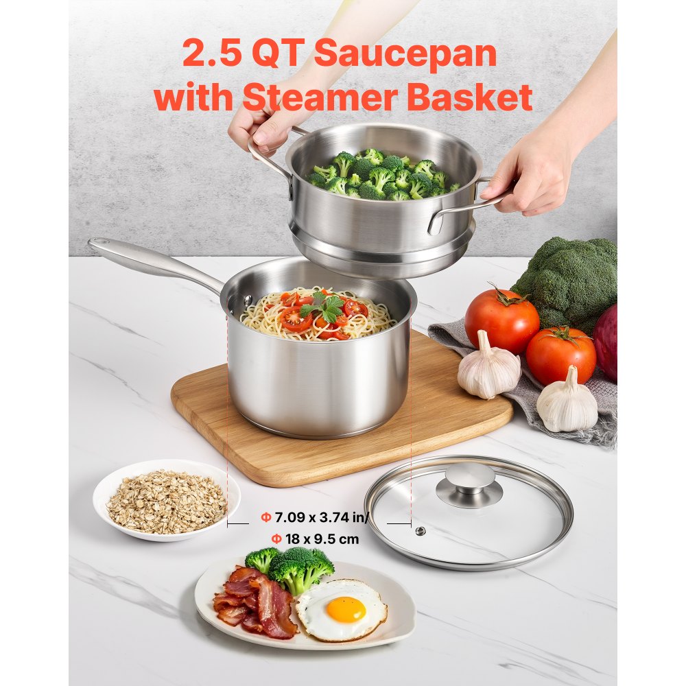 VEVOR 2.5 QT Saucepan with Steamer, Stainless Steel Saucepan with Glass Lid, Multipurpose Nonstick Stainless Steel Sauce Pot with Ergonomic Handle, Friendly for Oven, Dishwasher, Induction Cooker