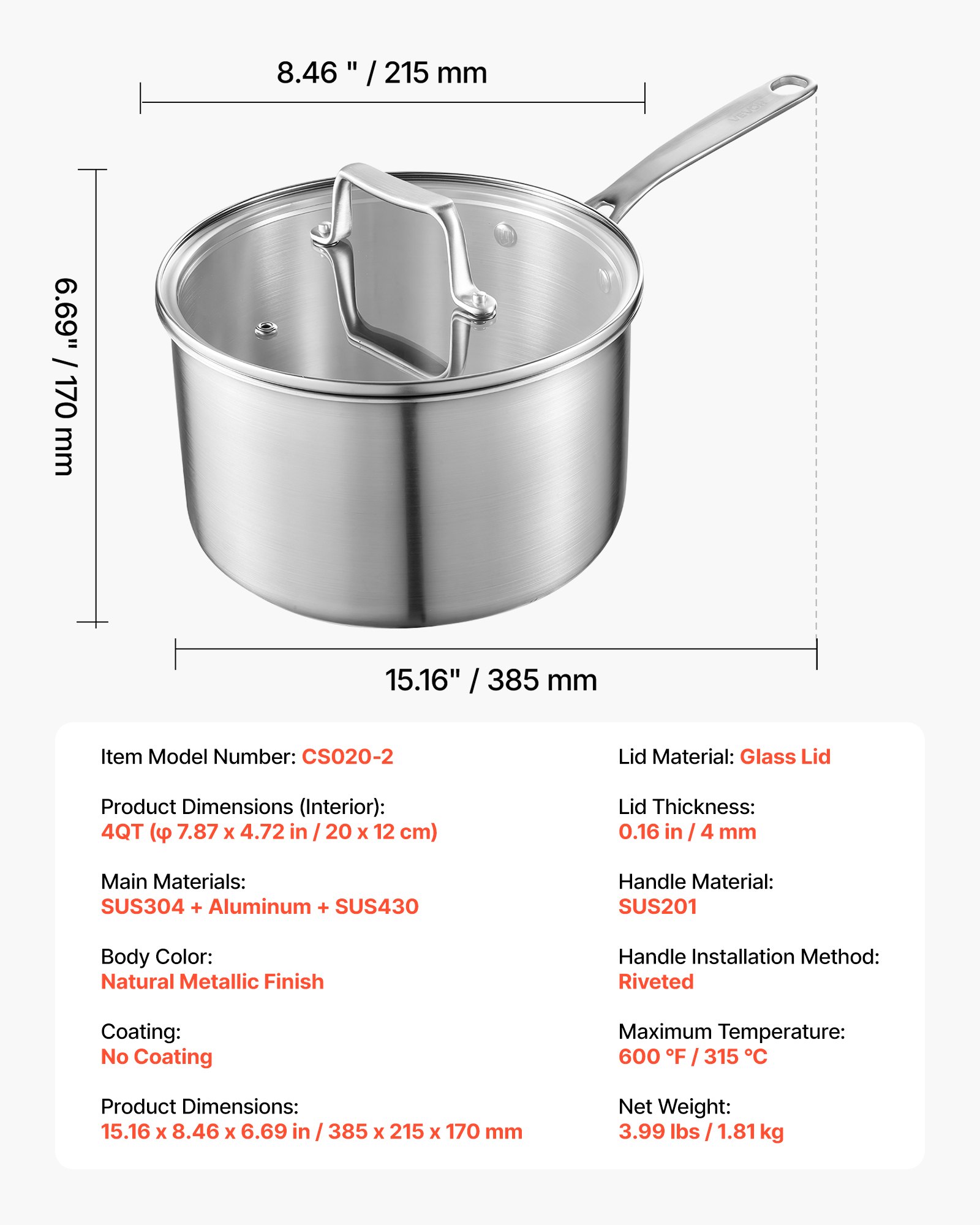 VEVOR 4 QT Saucepan, Stainless Steel Saucepan with Glass Lid, Multipurpose Nonstick Stainless Steel Small Cooking Sauce Pot with Ergonomic Handle, Friendly for Oven, Dishwasher, Induction Cooker