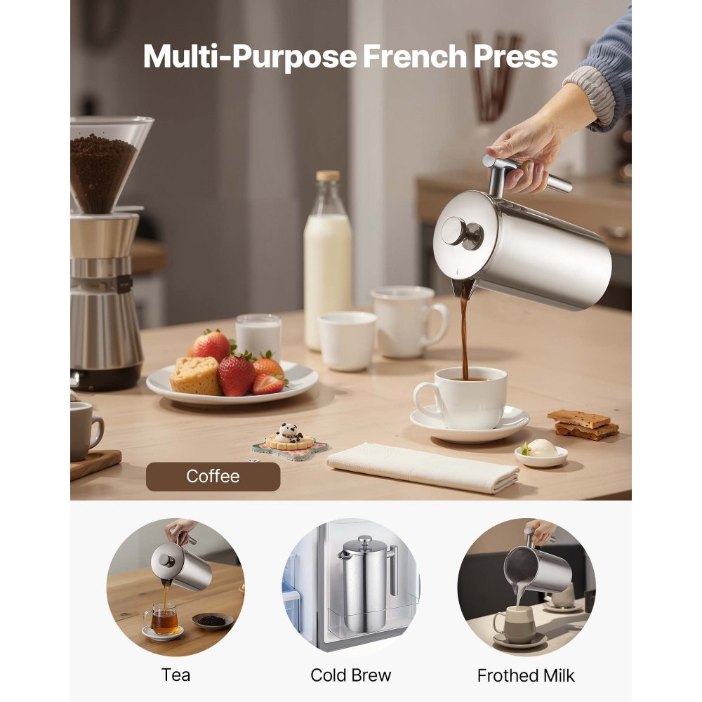 VEVOR French Press koffiezetapparaat, 1,5L roestvrijstalen koffiepers theemaker met filter, groot dubbelwandig geïsoleerd Frans koffiezetapparaat voor kamperen, reizen, keuken, koffiezetapparaat zilver