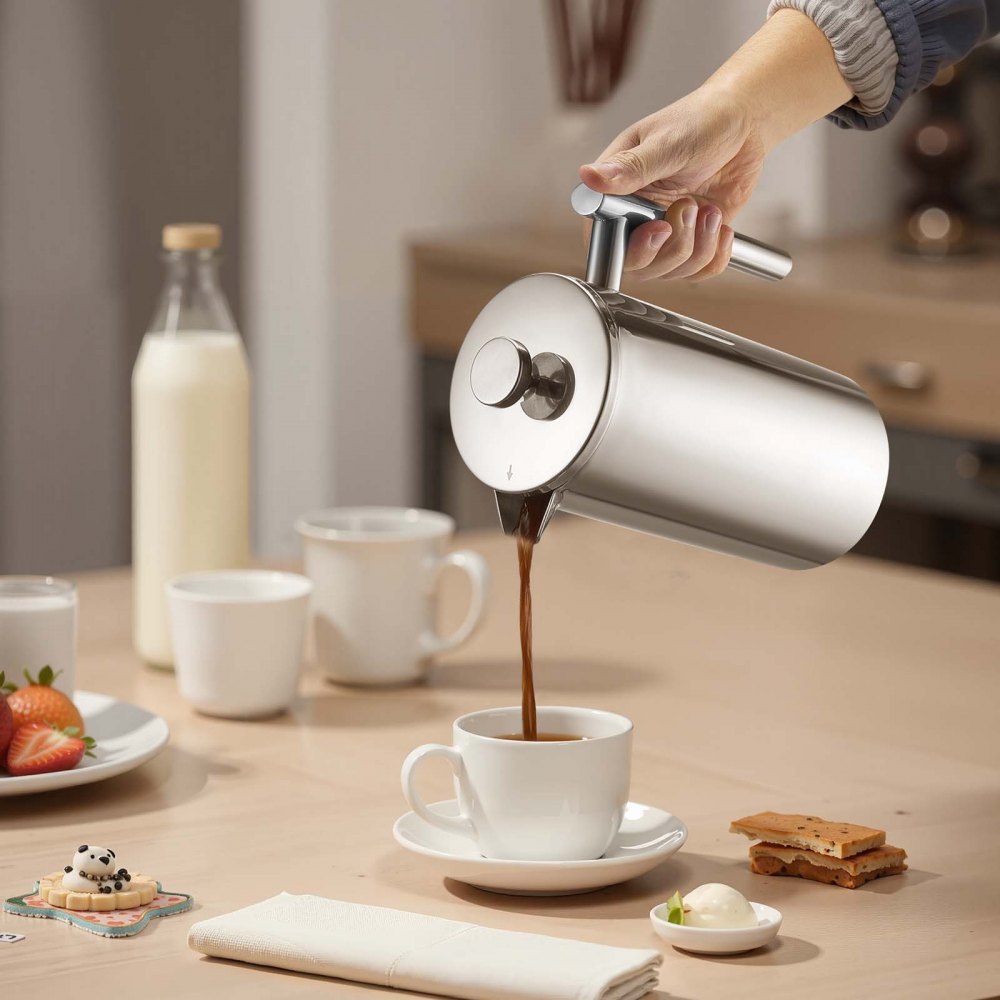VEVOR French Press koffiezetapparaat, 1,5L roestvrijstalen koffiepers theemaker met filter, groot dubbelwandig geïsoleerd Frans koffiezetapparaat voor kamperen, reizen, keuken, koffiezetapparaat zilver