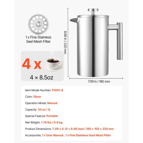 POLIVIAR Cafetiere 8 kopjes, Franse pers koffiezetapparaat met houten handvat, dubbelwandige geïsoleerde cafetiere en 1 extra filter, roestvrij staal voor goede koffie en thee, 1000 ml