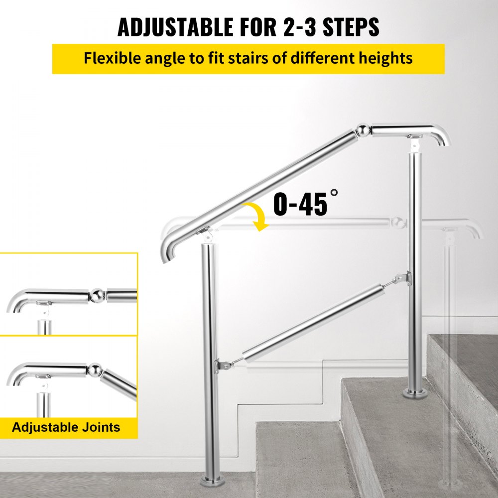 VEVOR 3 Step Railing Stainless Steel Transitional Handrail fit for Level Surface and 1 to 3 Steps Adjustable Stair Railing Indoor Outdoor Step Railings 220lb Capacity with Installation Kit Porch DIY