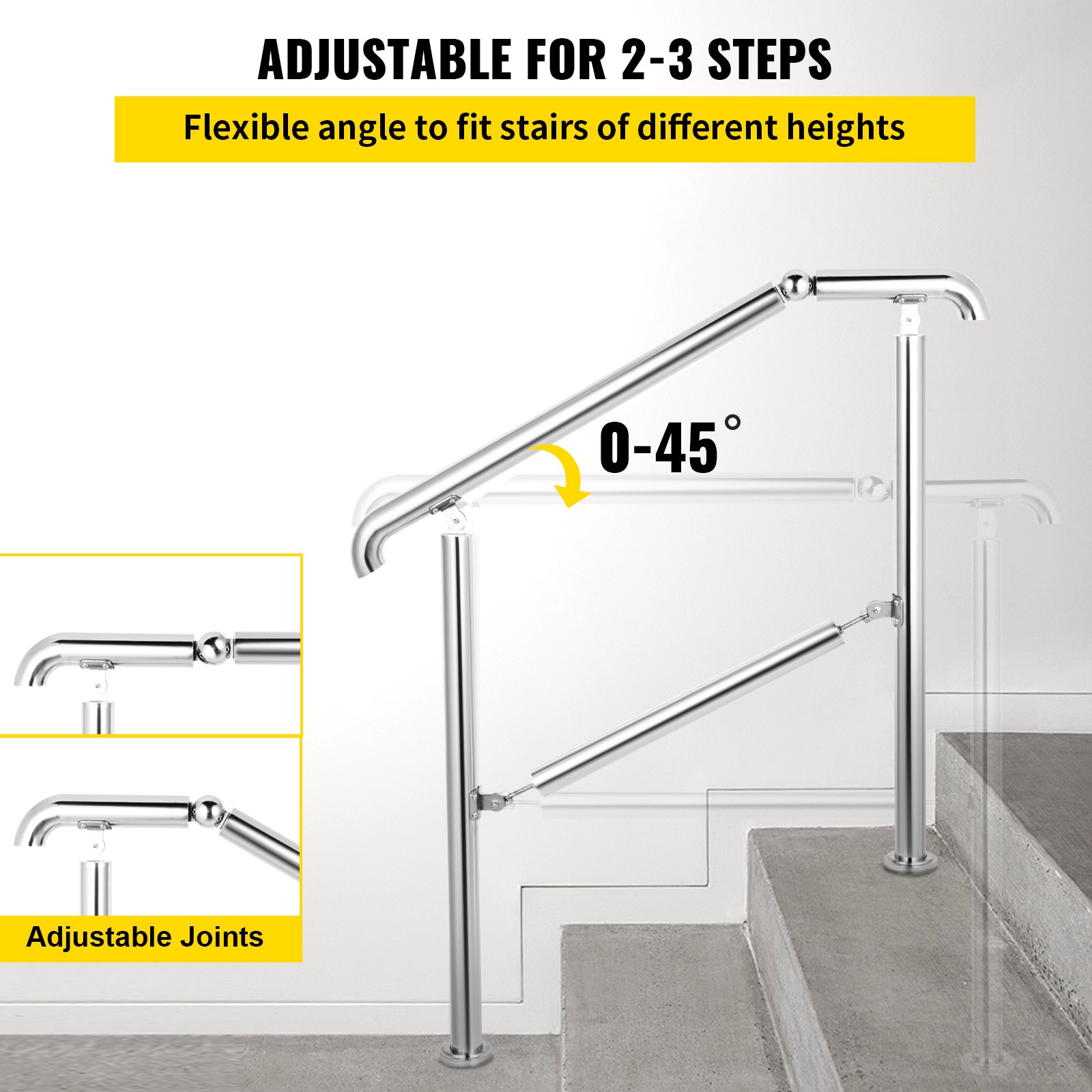 VEVOR 3 Step Railing Stainless Steel Transitional Handrail fit for Level Surface and 1 to 3 Steps Adjustable Stair Railing Indoor Outdoor Step Railings 220lb Capacity with Installation Kit Porch DIY