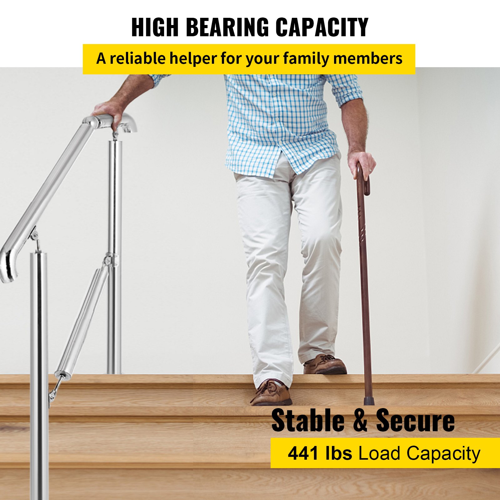 VEVOR 3 Step Railing Stainless Steel Transitional Handrail fit for Level Surface and 1 to 3 Steps Adjustable Stair Railing Indoor Outdoor Step Railings 220lb Capacity with Installation Kit Porch DIY