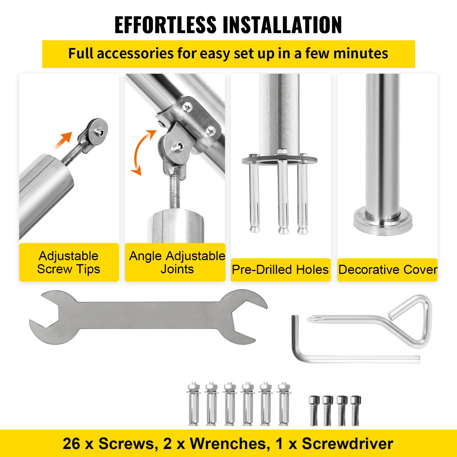 VEVOR 3 Step Railing Stainless Steel Transitional Handrail fit for Level Surface and 1 to 3 Steps Adjustable Stair Railing Indoor Outdoor Step Railings 220lb Capacity with Installation Kit Porch DIY