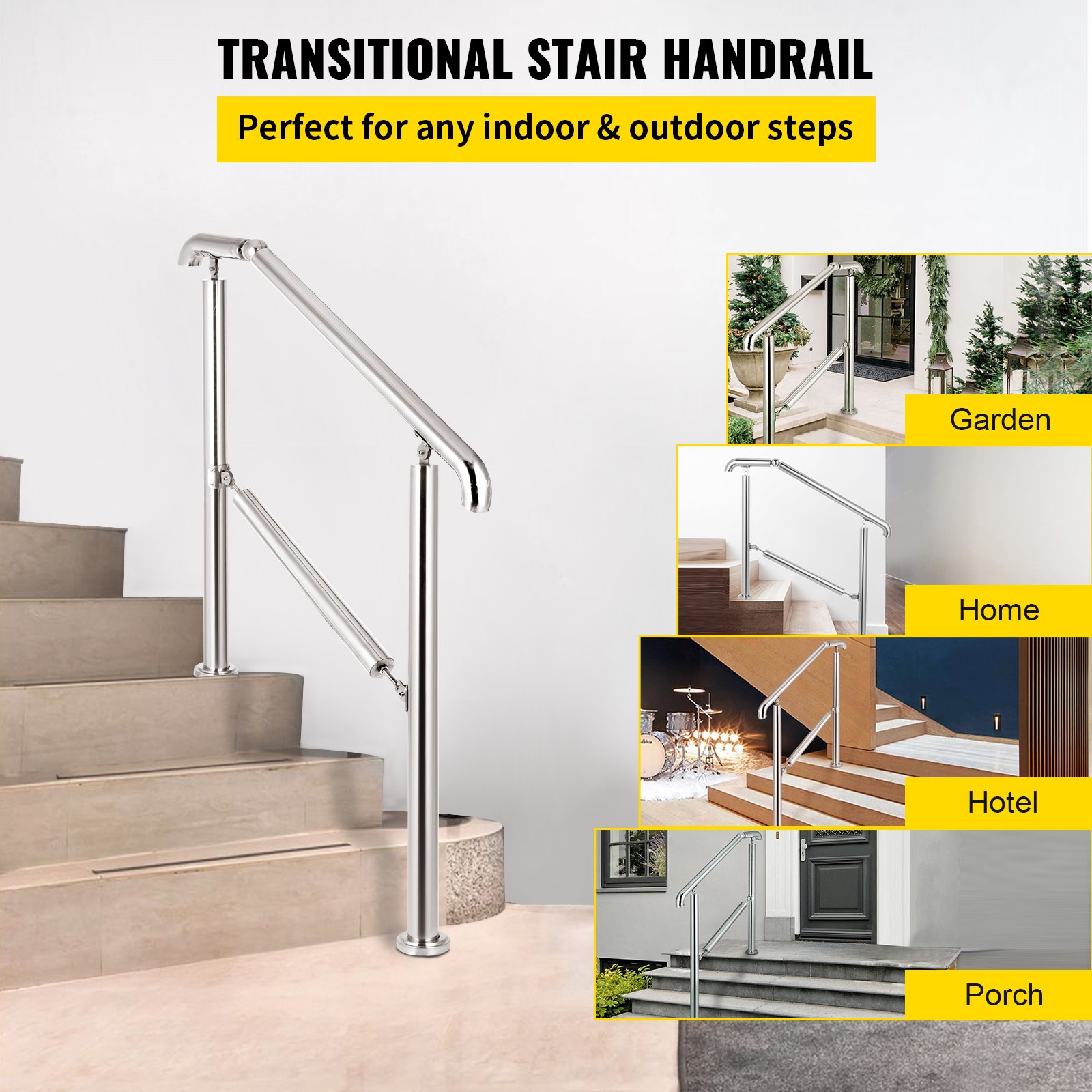 VEVOR Trapleuning voor 1 tot 5 Stappen Trapleuning van Roestvrij Staal Laadvermogen 220 lbs / 100 kg, Stair Railings for Steps, de Trapleuning is Geschikt voor Binnen- en Buitengebruik, Hotel, Dek