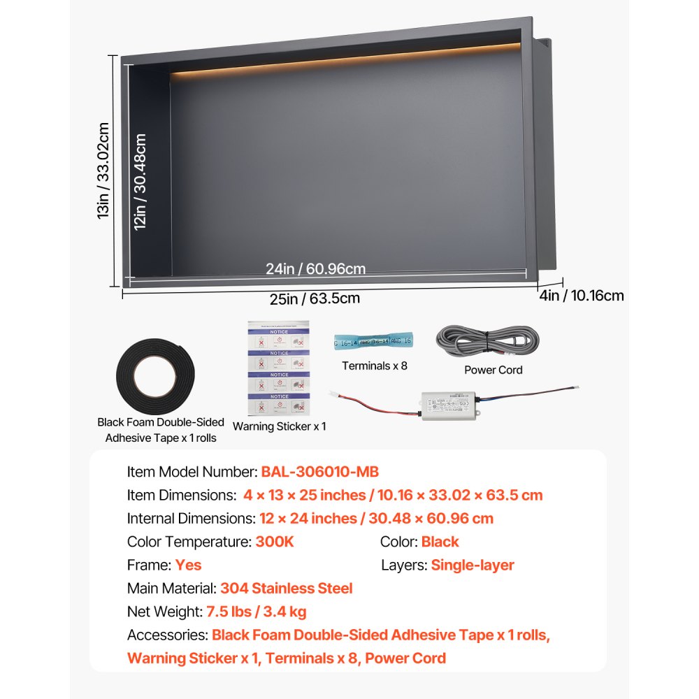 VEVOR Douchenis, 10,16 x 33,02 x 63,5 cm, Inbouwnis met LED-strip, RVS Shampoo-opberger, Duurzaam en eenvoudig te installeren, Zwart voor badkamer