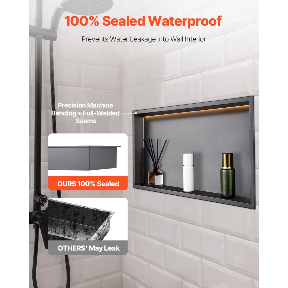 VEVOR Douchenis, 10,16 x 33,02 x 63,5 cm, Inbouwnis met LED-strip, RVS Shampoo-opberger, Duurzaam en eenvoudig te installeren, Zwart voor badkamer