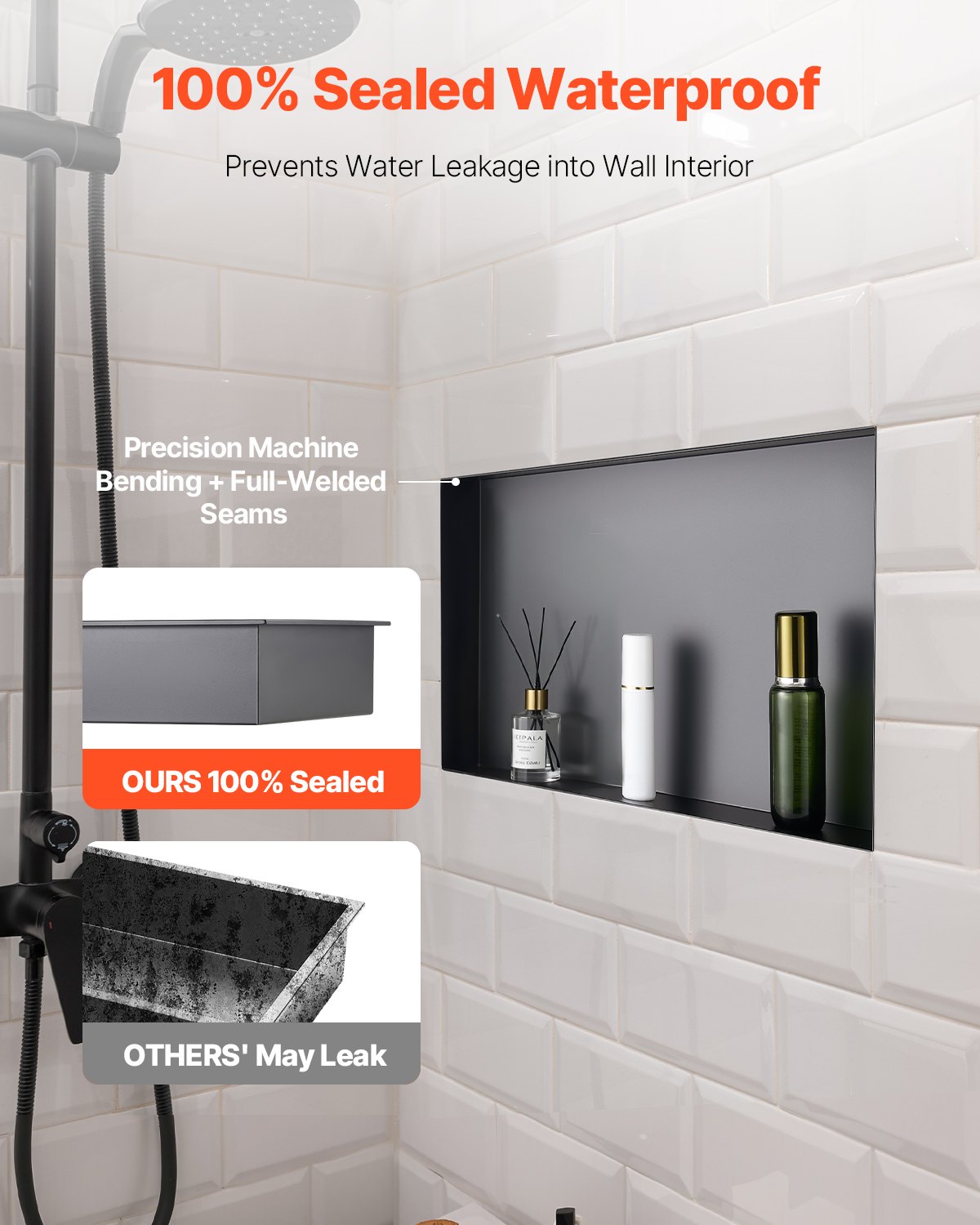 VEVOR Shower Niche, 33.0 x 63.5 x 10.2 cm Frameless Recessed Wall Niche, Heavy-duty Stainless Steel Modern Shampoo Storage Organizer, Sealed Waterproof, Durable & Easy to Install, Black for Bathroom