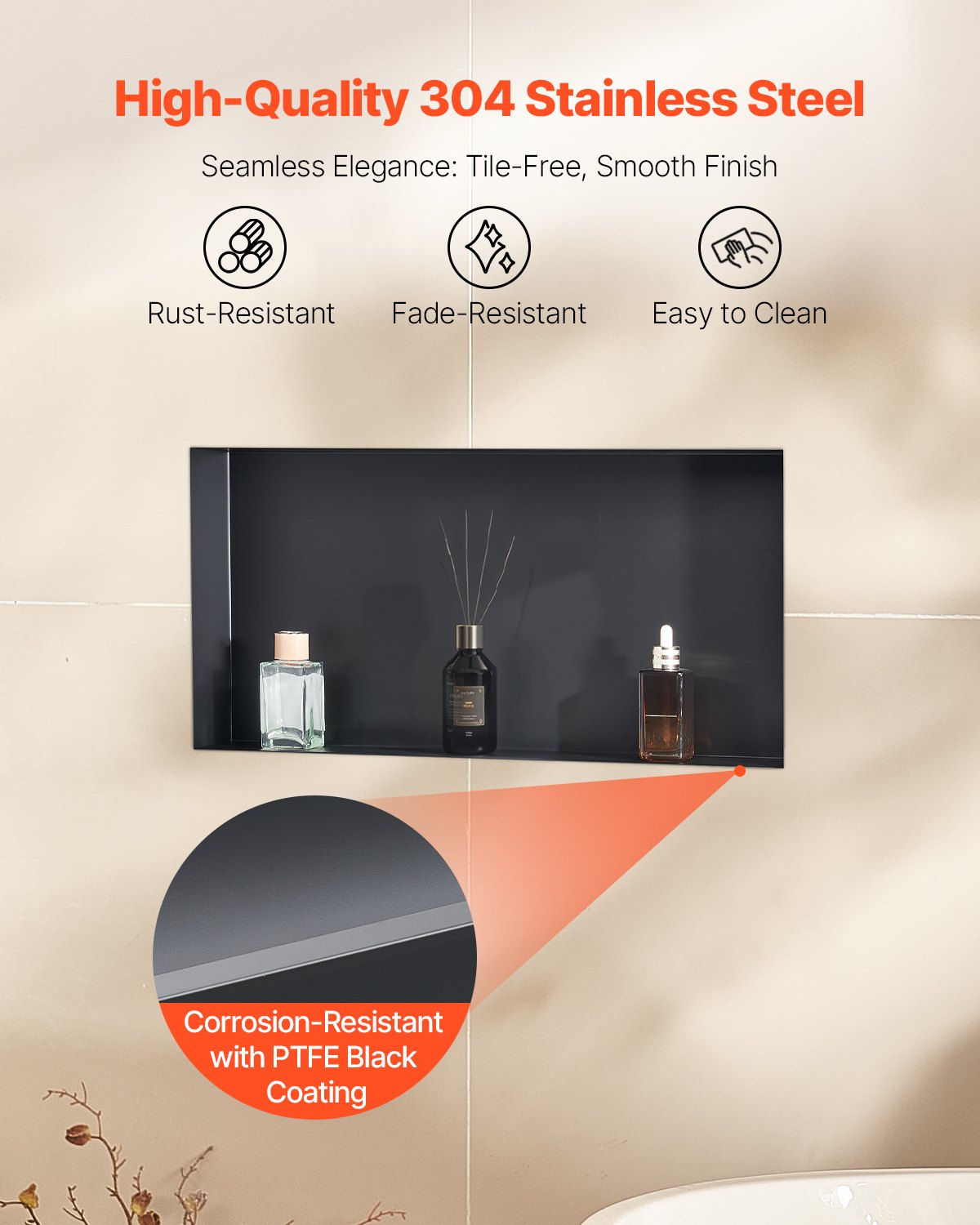 VEVOR Shower Niche, 33.0 x 63.5 x 10.2 cm Frameless Recessed Wall Niche, Heavy-duty Stainless Steel Modern Shampoo Storage Organizer, Sealed Waterproof, Durable & Easy to Install, Black for Bathroom