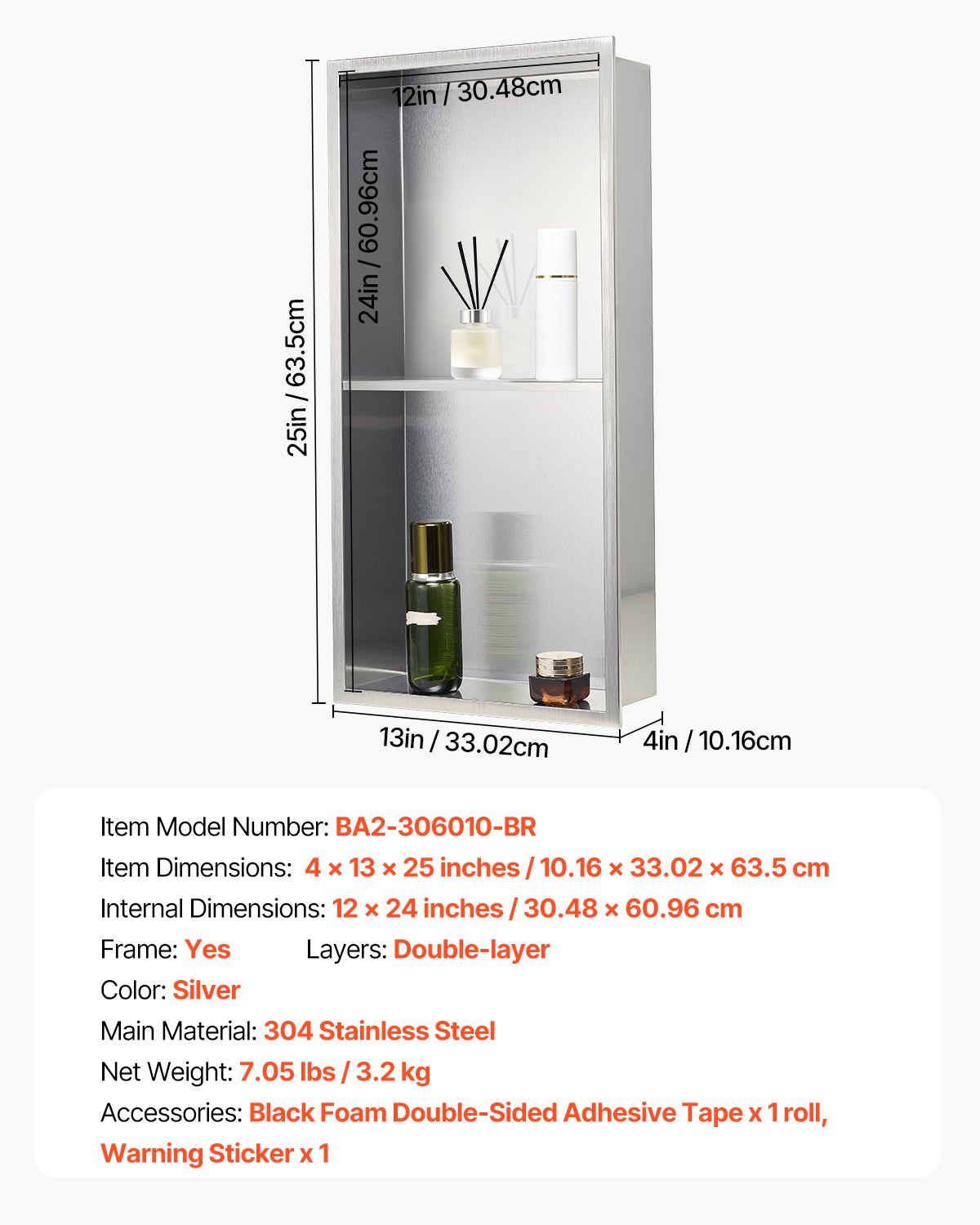 VEVOR Douchenis, 10,16 x 33,02 x 63,5 cm, Dubbellaagse Wandnis met Uitholling, RVS Shampoo Opberger, Doucheplank, Zilver voor Badkamer