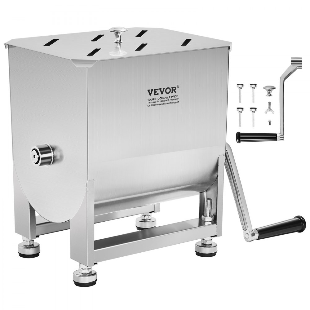 VEVOR manual meat mixer in stainless steel with a hand crank, secure feet, and additional components.