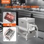 VEVOR meat mixer with large capacity tilting barrel, 80 lb load, and detailed dimensions in a kitchen.