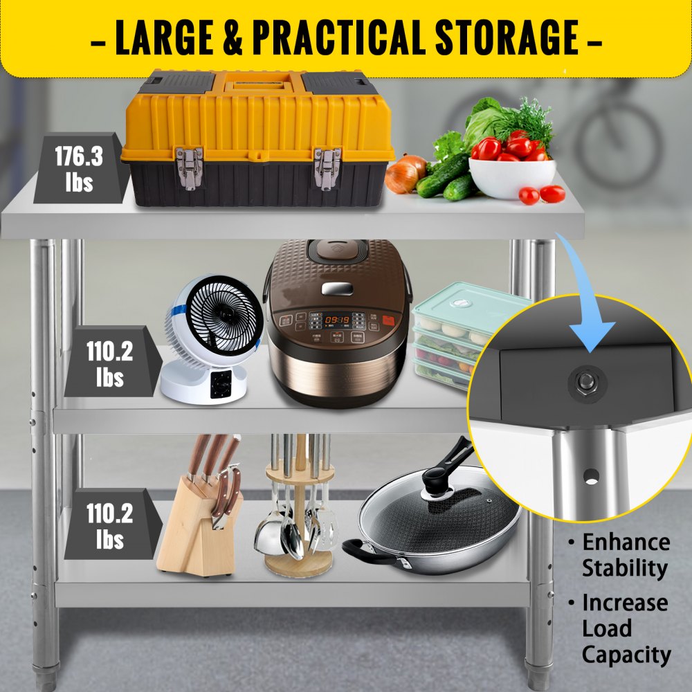 VEVOR Voedselbereidingstafel voor buiten, 24 x 14 x 33 inch, commerciële roestvrijstalen tafel, 2 verstelbare grillvoorbereidingstafels onder plank, zware keukenwerktafel voor garage, thuislocatie
