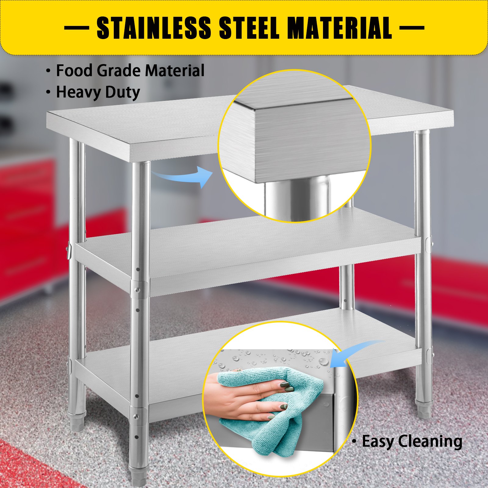 VEVOR Voedselbereidingstafel voor buiten, 24 x 14 x 33 inch, commerciële roestvrijstalen tafel, 2 verstelbare grillvoorbereidingstafels onder plank, zware keukenwerktafel voor garage, thuislocatie