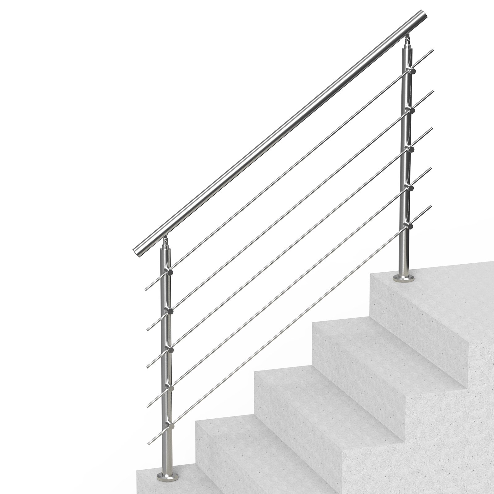 VEVOR Buitentrapleuningen, 150 cm lang, 5 dwarsbalken, trapleuningset, overgangsleuning van roestvrij staal met montageset, dubbele kolom trapleuningen voor senioren, veranda en terras