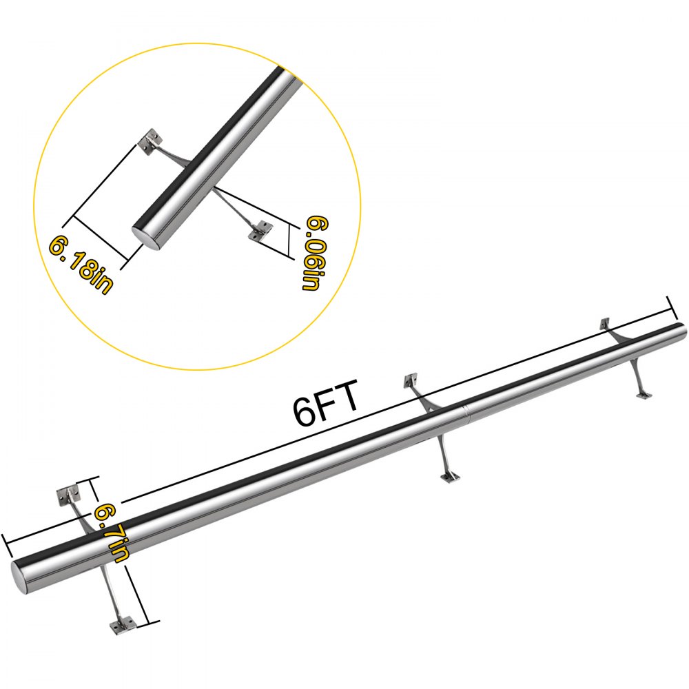 VEVOR Rail-imperiaal Kit Voetrail Met Stang Roestvrij Staal, Stangbevestigde Voetrailset 6FT, Stangvoetrail Met 2 Inch Buitendiameter Voetrail Van Geborsteld Stang Voetrail, Bar Mount Foot Rail Kit