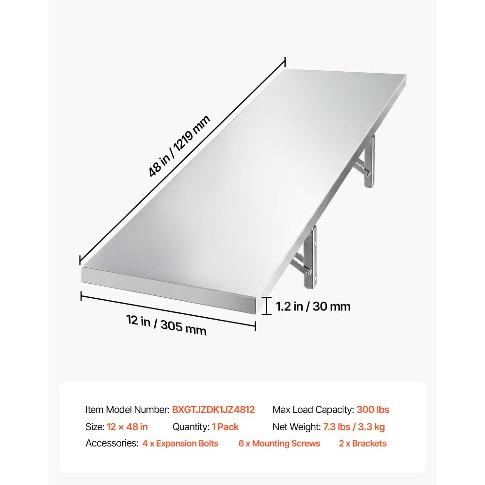 VEVOR Wandplank 136 kg 305 x 1219 mm Opvouwbare roestvrijstalen plank voor professionele keukens, privékeukens, serveerwagens en garages, wandplank met verstevigde beugels en glad oppervlak