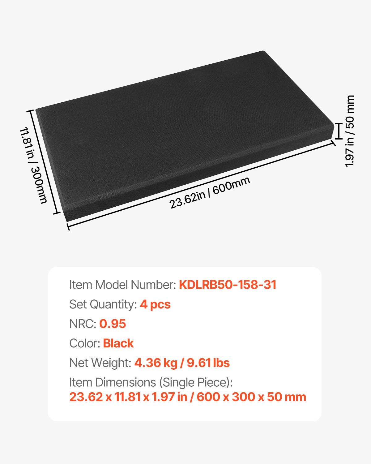VEVOR akoestische panelen, 4-pack, 600x300x50 mm, geluidsabsorberende panelen van glasvezel, zelfklevend, akoestische wandpanelen, voor studio's, kantoren, thuisbioscopen en vergaderruimtes, zwart
