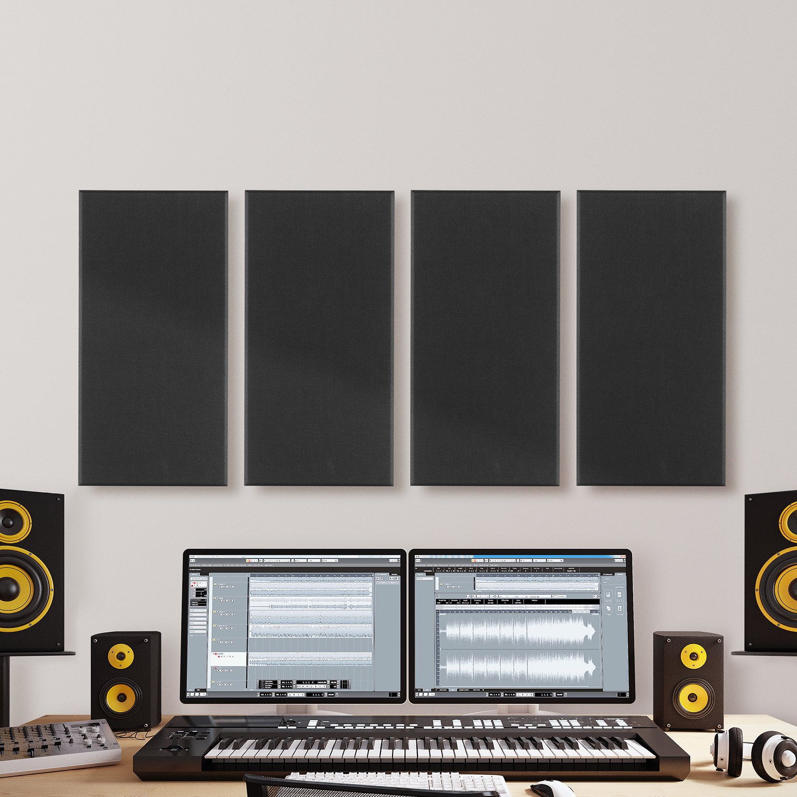 VEVOR akoestische panelen, 4-pack, 600x300x50 mm, geluidsabsorberende panelen van glasvezel, zelfklevend, akoestische wandpanelen, voor studio's, kantoren, thuisbioscopen en vergaderruimtes, zwart