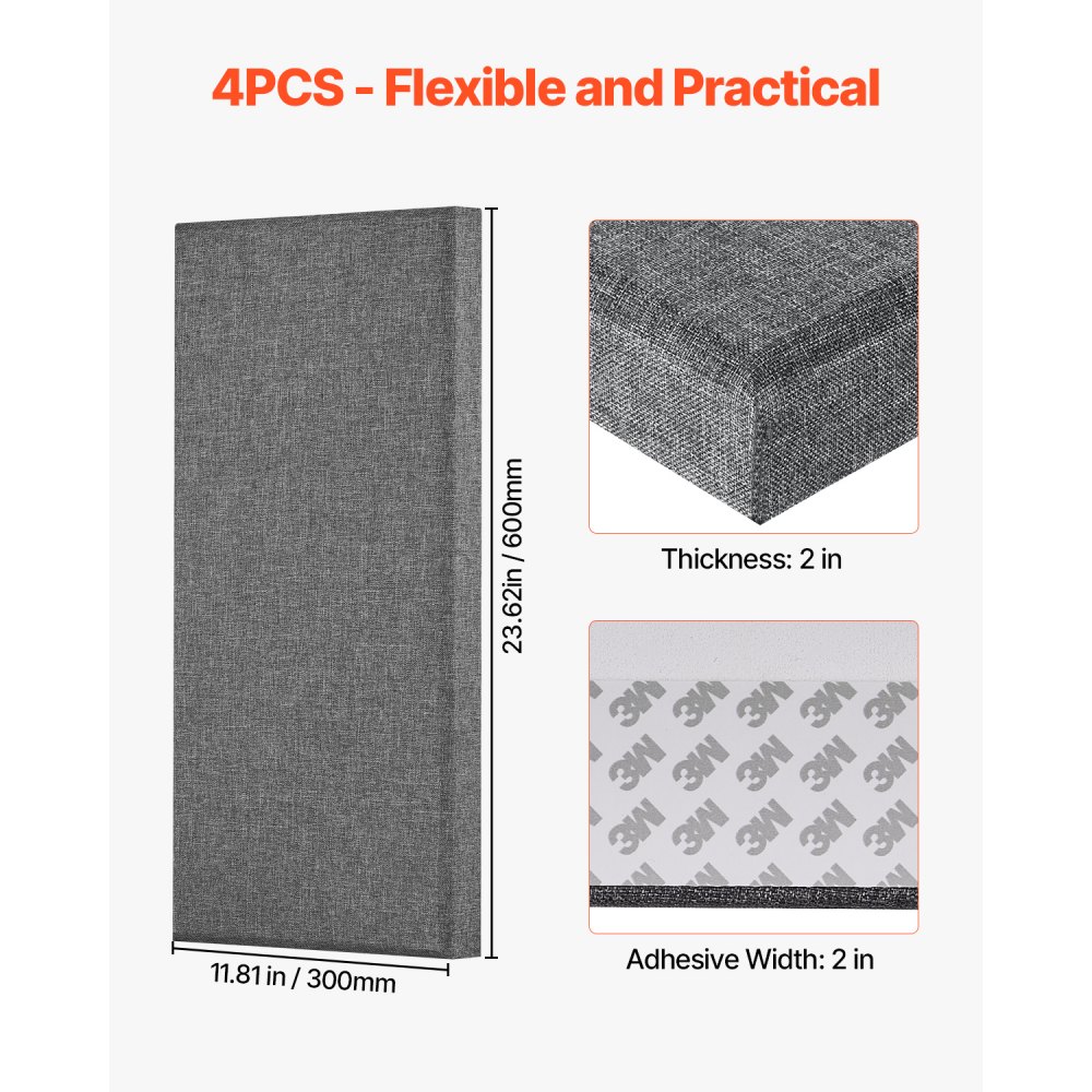 VEVOR akoestische panelen, 4-pack, 600x300x50 mm, geluidsabsorberende panelen van glasvezel, zelfklevend, akoestische wandpanelen, voor studio's, kantoren, thuisbioscopen, vergaderruimtes, grijs