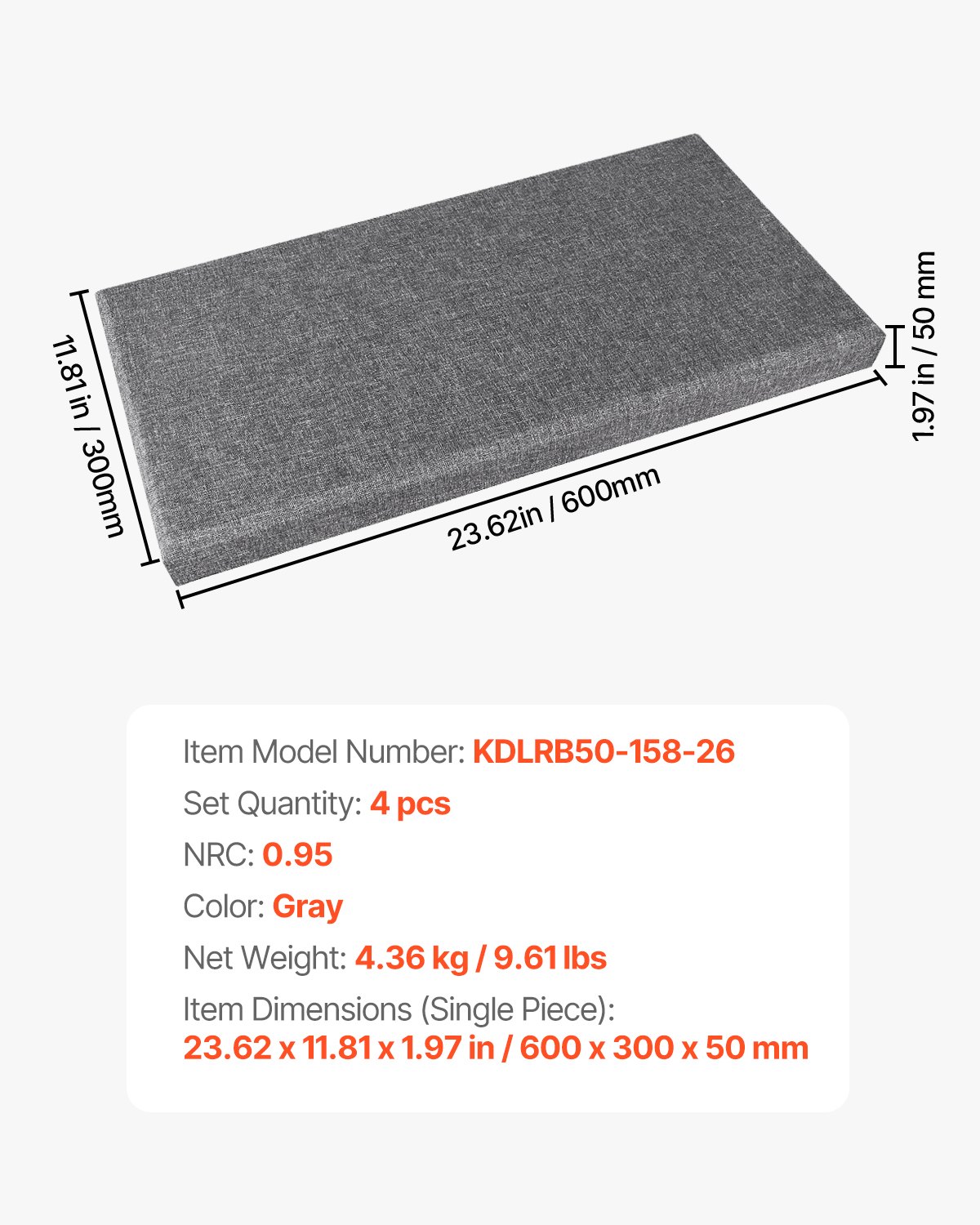 VEVOR akoestische panelen, 4-pack, 600x300x50 mm, geluidsabsorberende panelen van glasvezel, zelfklevend, akoestische wandpanelen, voor studio's, kantoren, thuisbioscopen, vergaderruimtes, grijs