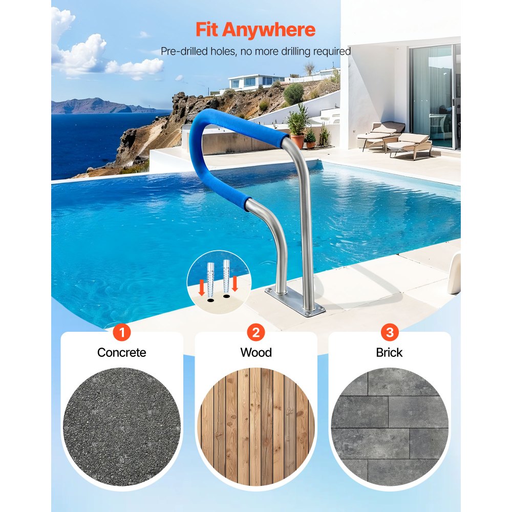 VEVOR Zwembadleuning, 788x100x558 mm, draagvermogen 100 kg, handgreep van 304 roestvrij staal, afneembare antisliphoes, uitgebreide accessoires, voor zwembaden, waterparken en spa's.