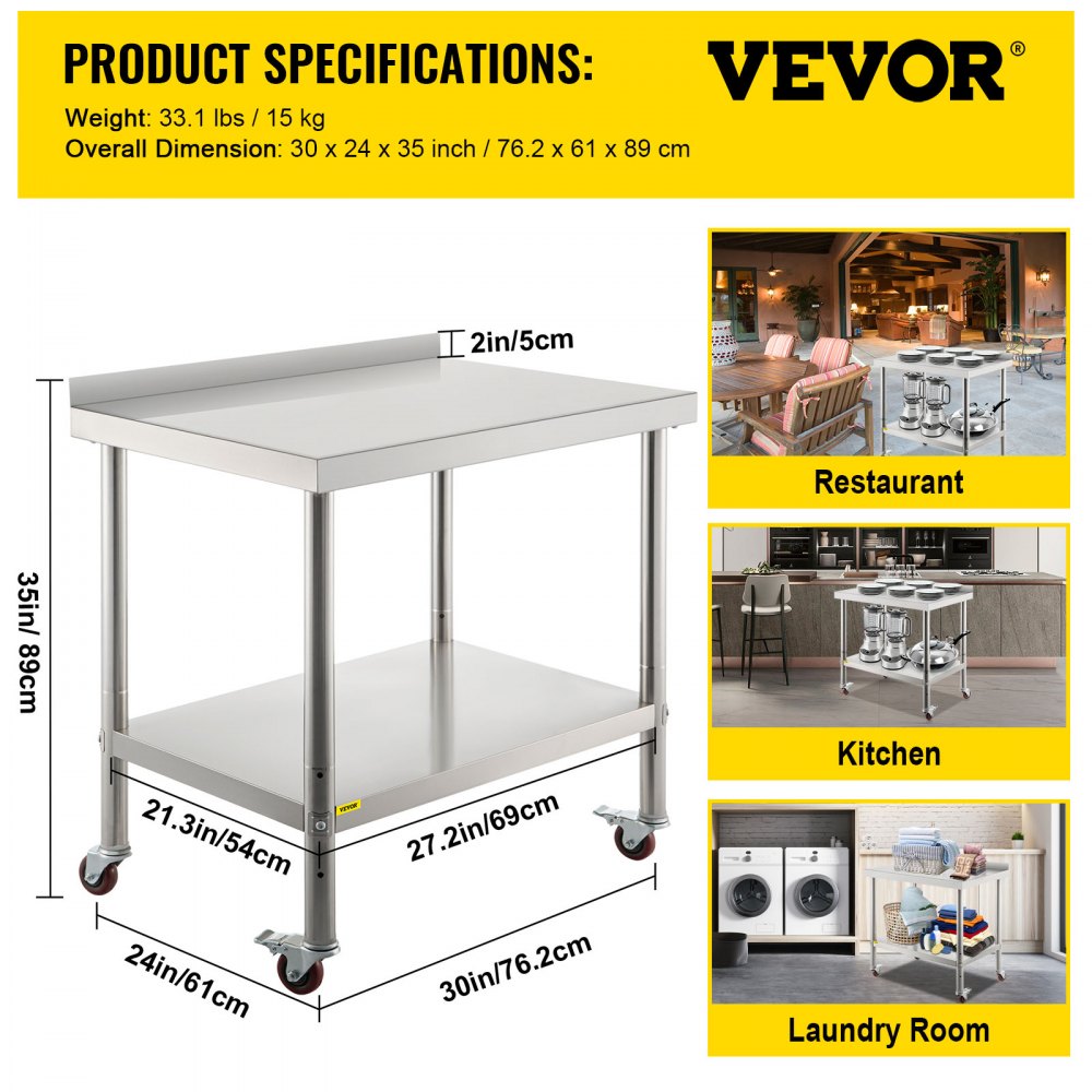 VEVOR RVS-werktafel, 76,2 x 61 x 89 cm, draagvermogen 200 kg, robuuste metalen werktafel met verstelbare rugleuning en 4 wielen, commercieel werkstation voor keukens en restaurants