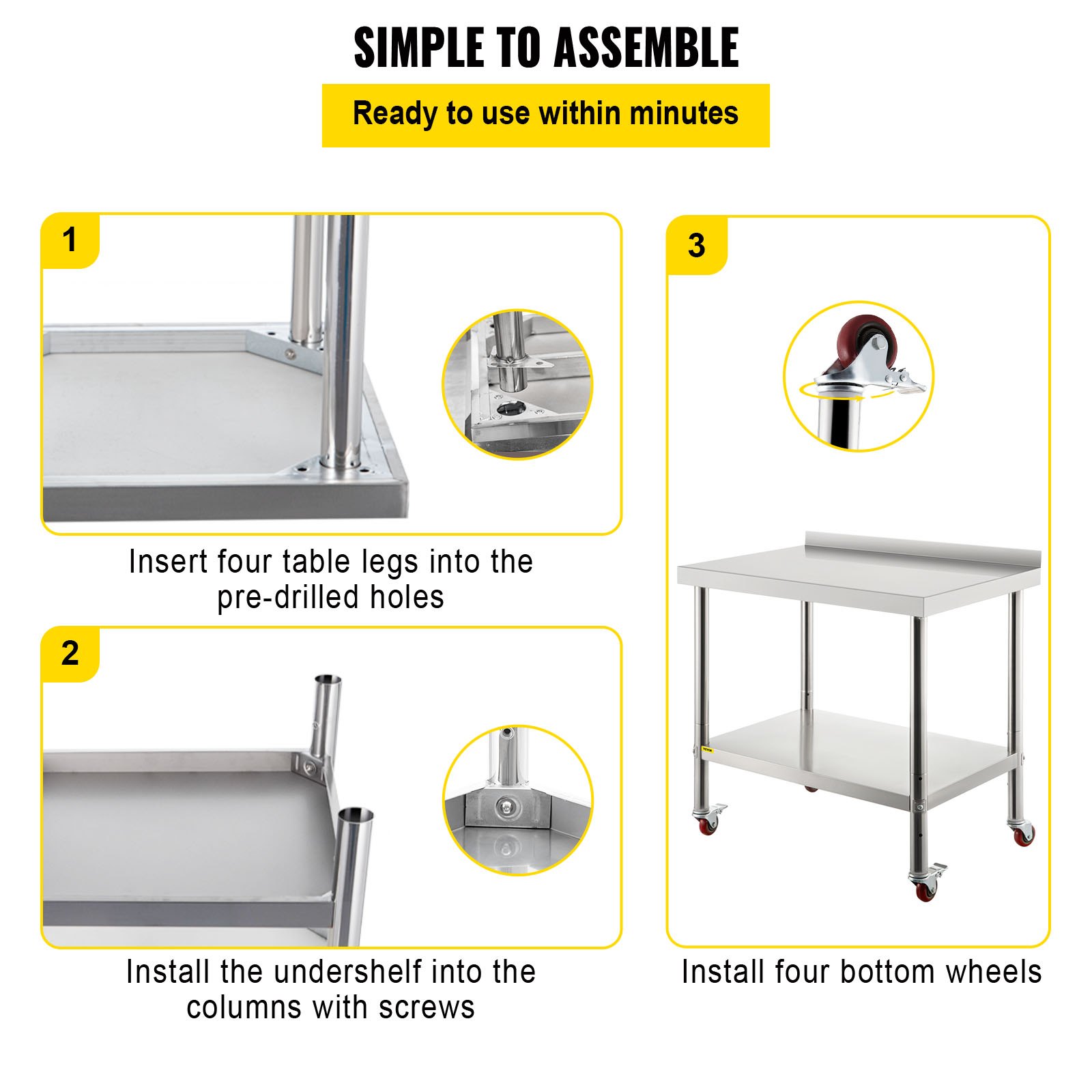 VEVOR RVS-werktafel, 76,2 x 61 x 89 cm, draagvermogen 200 kg, robuuste metalen werktafel met verstelbare rugleuning en 4 wielen, commercieel werkstation voor keukens en restaurants