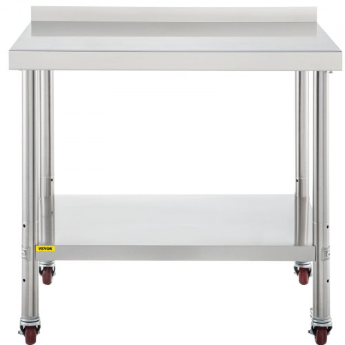 VEVOR Werktafel Keuken, 36x24x35 inch RVS Keuken Werkbank, 440lbs Heavy-duty Metalen Horeca Werktafel, Voedselbereiding Keukentafel met Backsplash Verstelbare Onderplank 4 Zwenkwielen voor Restaurant