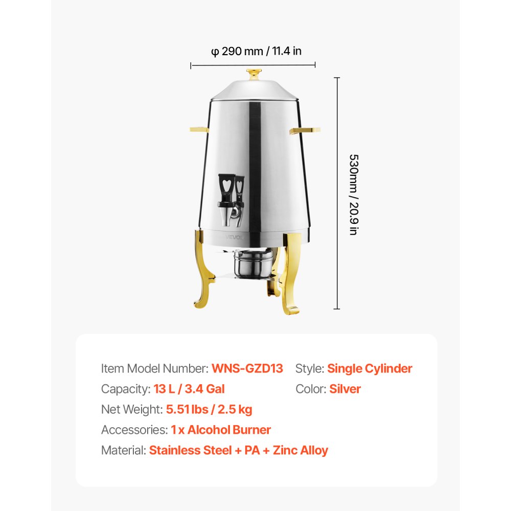VEVOR Drankendispenser Warme drankendispenser (13 L) van roestvrij staal met alcoholbrander, koude drankendispenser met druppelvrije kraan voor koffie, thee, heet water, voor restaurants, hotels, feesten