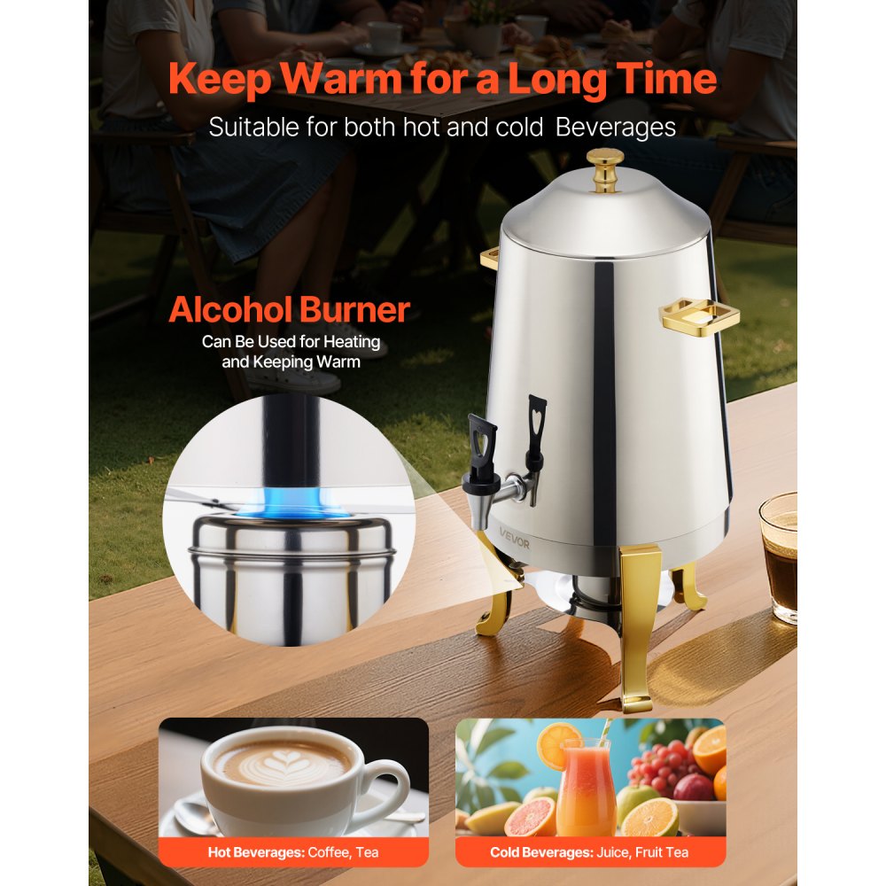 VEVOR Drankendispenser Warme drankendispenser (13 L) van roestvrij staal met alcoholbrander, koude drankendispenser met druppelvrije kraan voor koffie, thee, heet water, voor restaurants, hotels, feesten