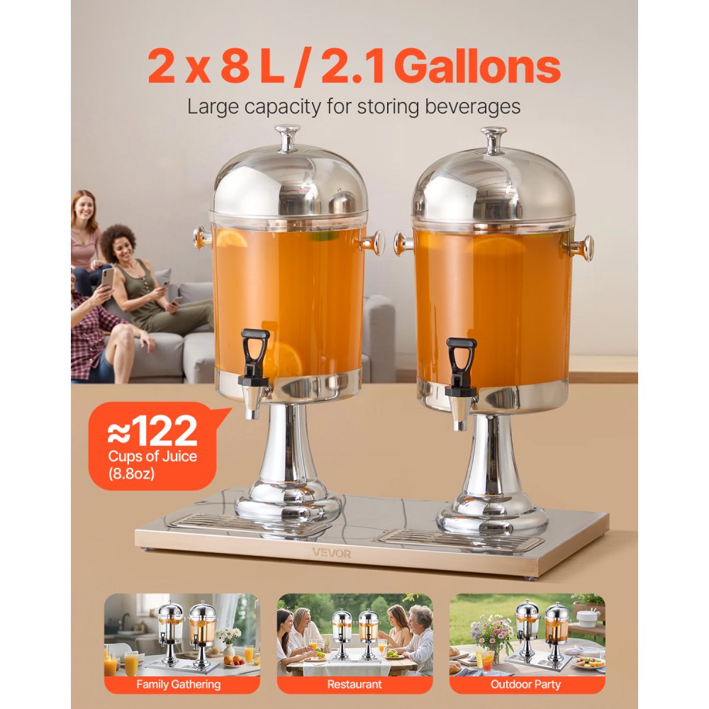 VEVOR Beverage Dispenser, 8L x 2 Drink Dispenser for Parties, Stainless Steel + Plastic Juice Dispensers with Spigot Ice Chamber Tray, Iced Tea Lemonade Dispensers, for Restaurants, Hotels