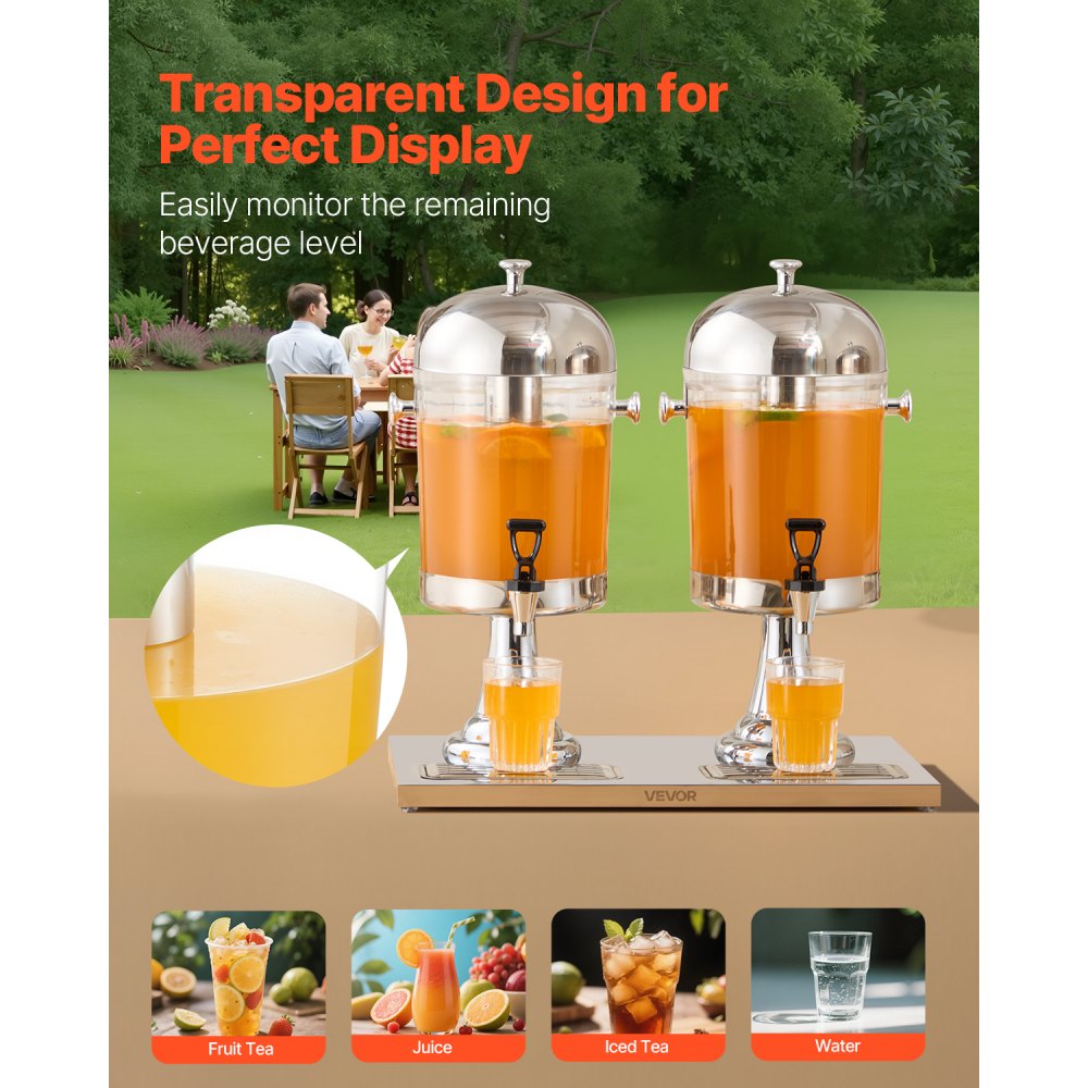 VEVOR Beverage Dispenser, 8L x 2 Drink Dispenser for Parties, Stainless Steel + Plastic Juice Dispensers with Spigot Ice Chamber Tray, Iced Tea Lemonade Dispensers, for Restaurants, Hotels