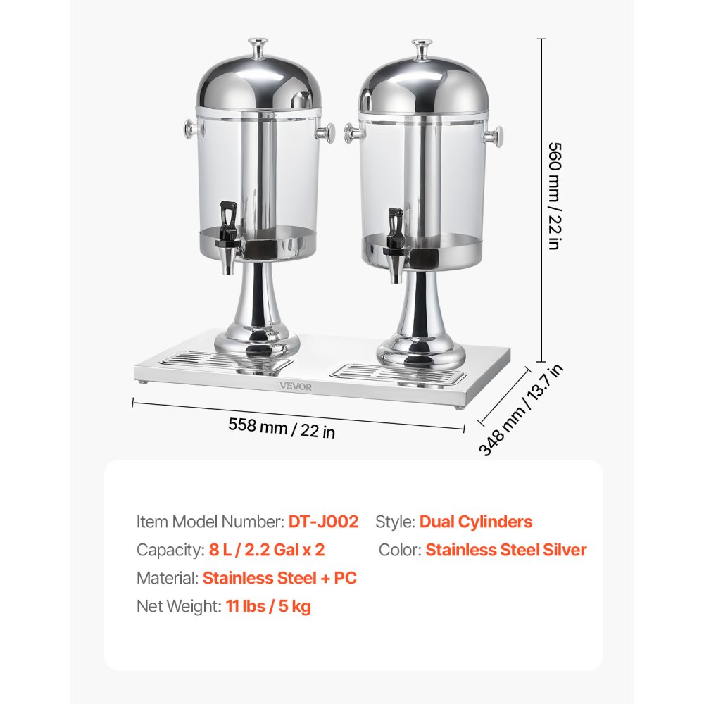VEVOR Beverage Dispenser, 8L x 2 Drink Dispenser for Parties, Stainless Steel + Plastic Juice Dispensers with Spigot Ice Chamber Tray, Iced Tea Lemonade Dispensers, for Restaurants, Hotels