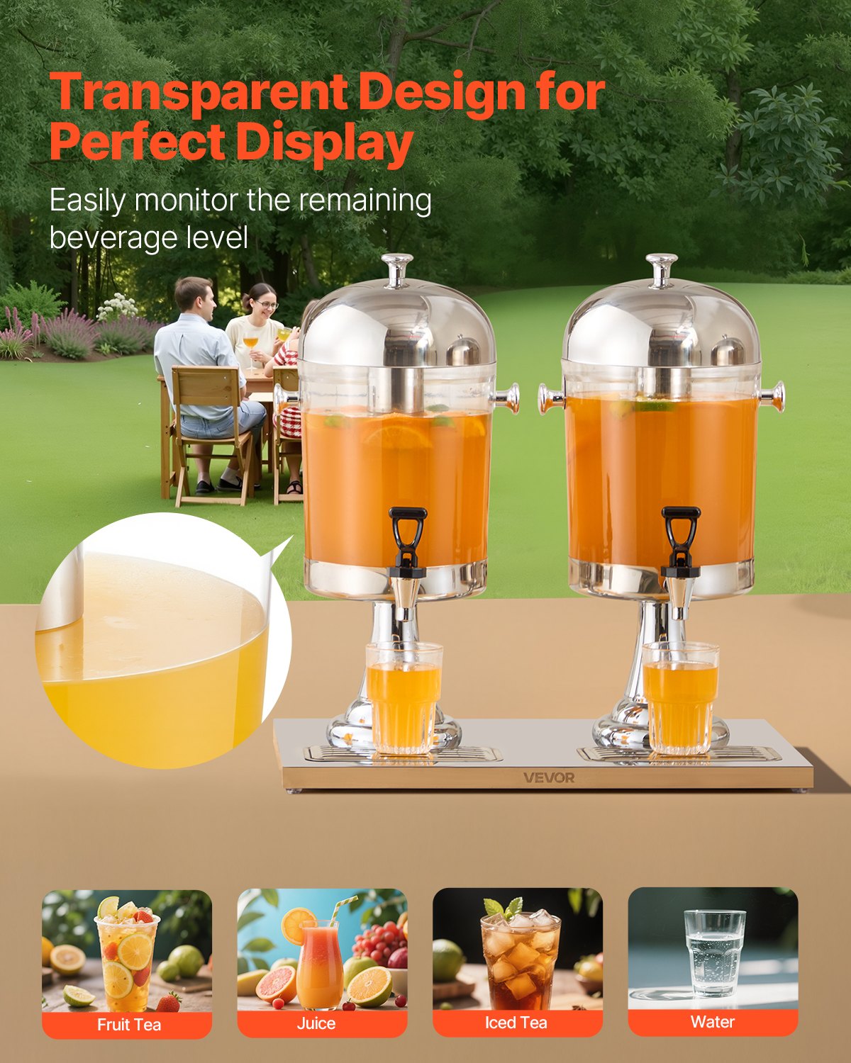 VEVOR Beverage Dispenser, 8L x 2 Drink Dispenser for Parties, Stainless Steel + Plastic Juice Dispensers with Spigot Ice Chamber Tray, Iced Tea Lemonade Dispensers, for Restaurants, Hotels