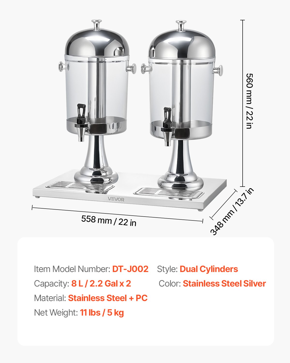 VEVOR Beverage Dispenser, 8L x 2 Drink Dispenser for Parties, Stainless Steel + Plastic Juice Dispensers with Spigot Ice Chamber Tray, Iced Tea Lemonade Dispensers, for Restaurants, Hotels