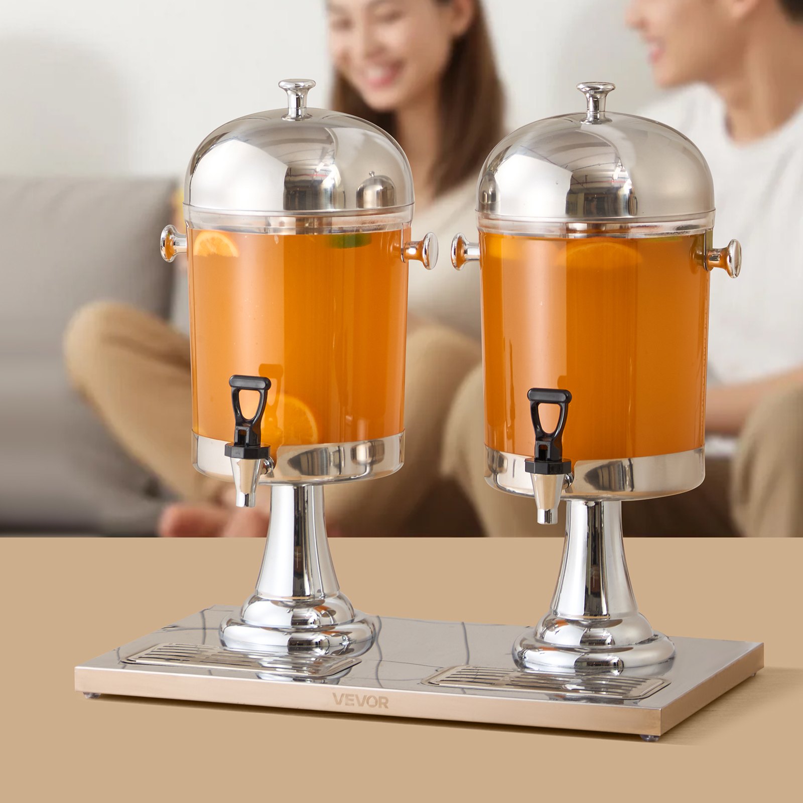 VEVOR Beverage Dispenser, 8L x 2 Drink Dispenser for Parties, Stainless Steel + Plastic Juice Dispensers with Spigot Ice Chamber Tray, Iced Tea Lemonade Dispensers, for Restaurants, Hotels