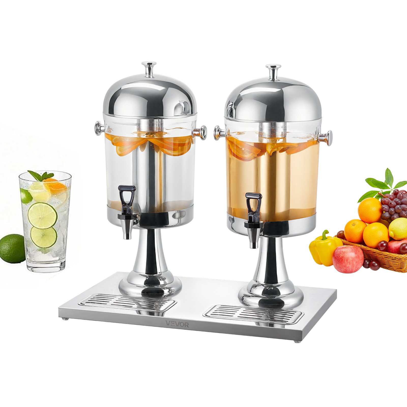 VEVOR Beverage Dispenser, 8L x 2 Drink Dispenser for Parties, Stainless Steel + Plastic Juice Dispensers with Spigot Ice Chamber Tray, Iced Tea Lemonade Dispensers, for Restaurants, Hotels