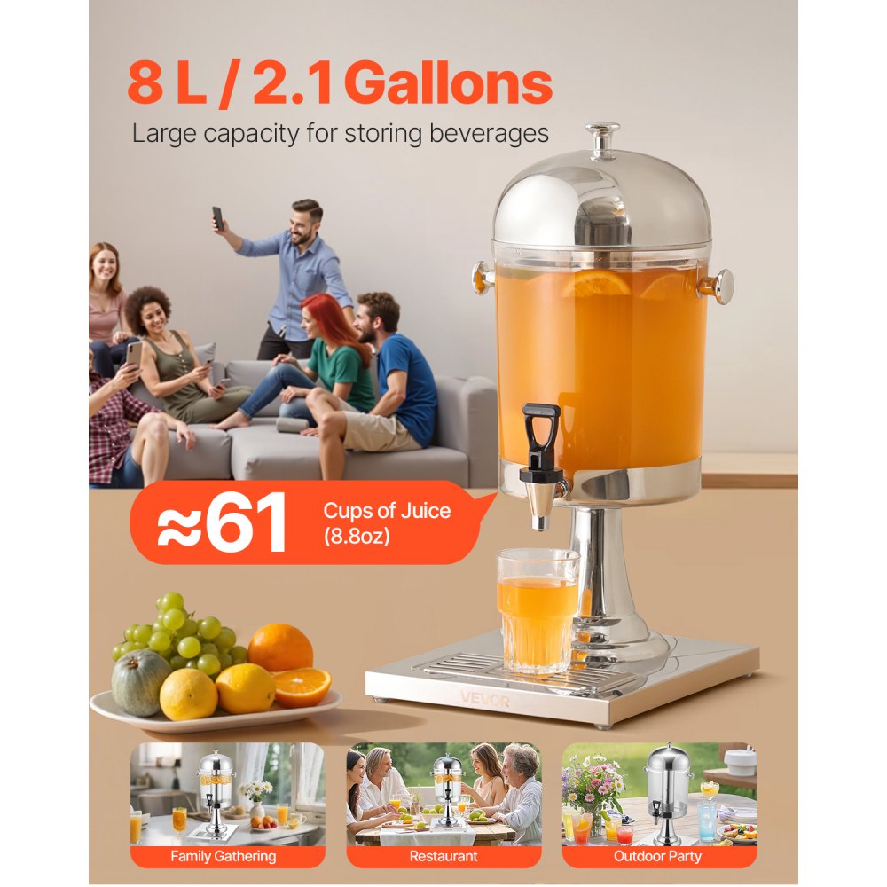 VEVOR Drankdispenser (1 x 8 L) voor Feesten Sapdispenser (gemaakt van roestvrij staal + polycarbonaat) met druppelvrije kraan en voet Waterdispenser voor Restaurants Feesten, Limonade IJsthee Dispenser