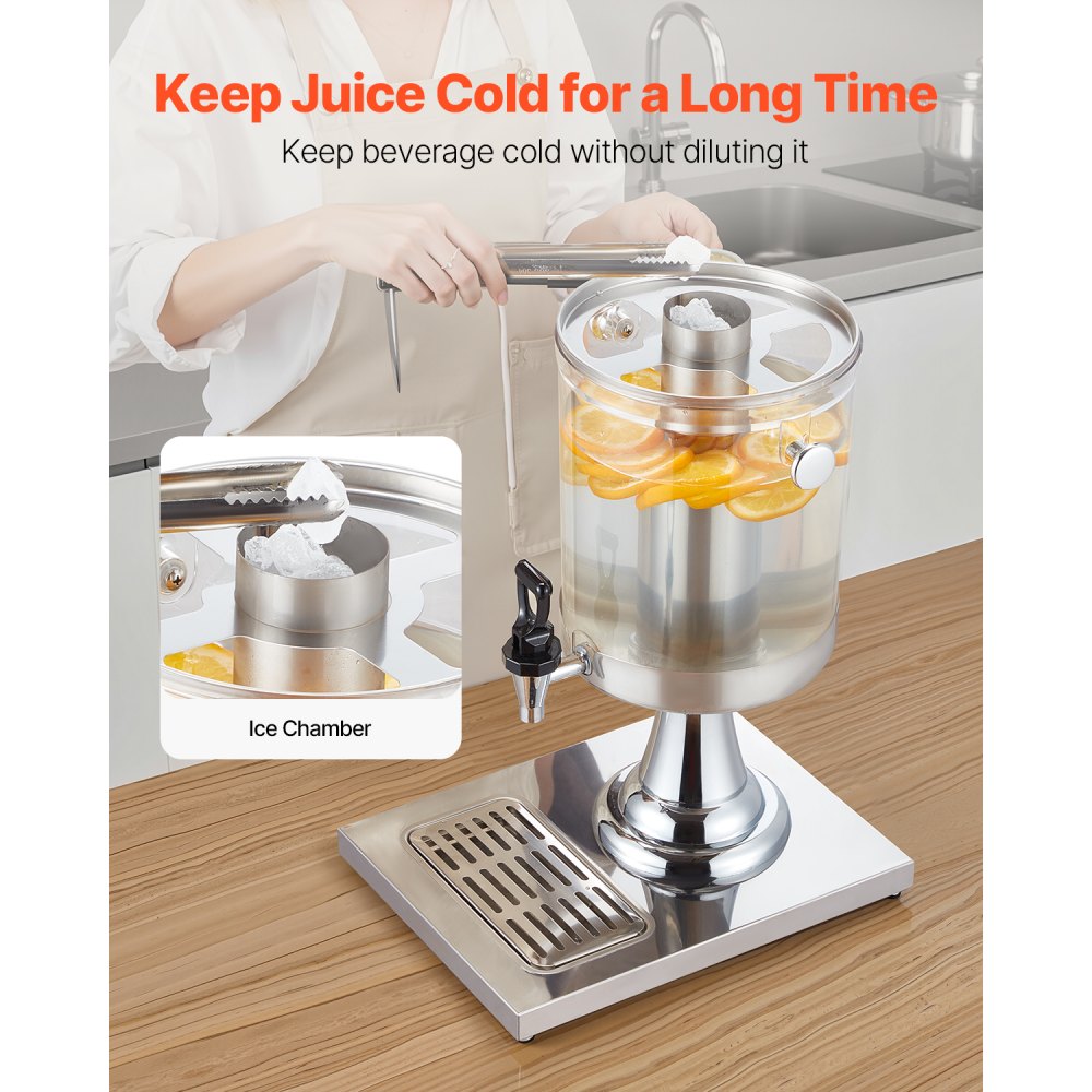 VEVOR Drankdispenser (1 x 8 L) voor Feesten Sapdispenser (gemaakt van roestvrij staal + polycarbonaat) met druppelvrije kraan en voet Waterdispenser voor Restaurants Feesten, Limonade IJsthee Dispenser