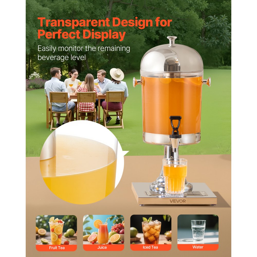 VEVOR Drankdispenser (1 x 8 L) voor Feesten Sapdispenser (gemaakt van roestvrij staal + polycarbonaat) met druppelvrije kraan en voet Waterdispenser voor Restaurants Feesten, Limonade IJsthee Dispenser